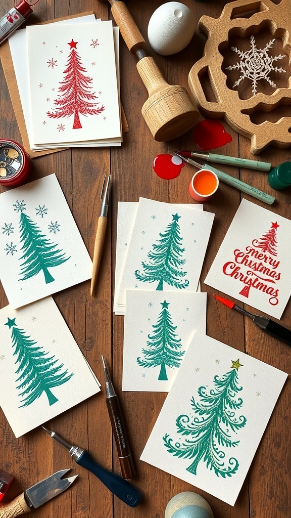 Creative Linocut Christmas Card Ideas A variety of linocut Christmas cards with festive designs on a wooden table.